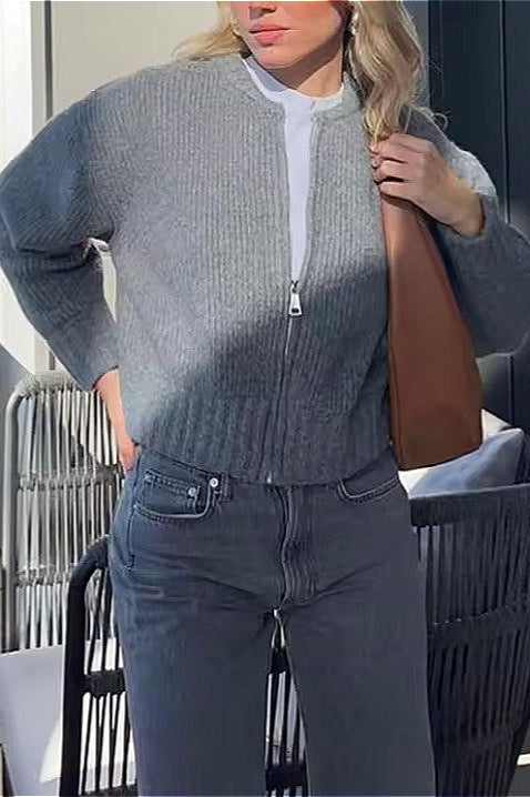 Crew-Neck Long-Sleeve Zip Solid Knit Cardigan