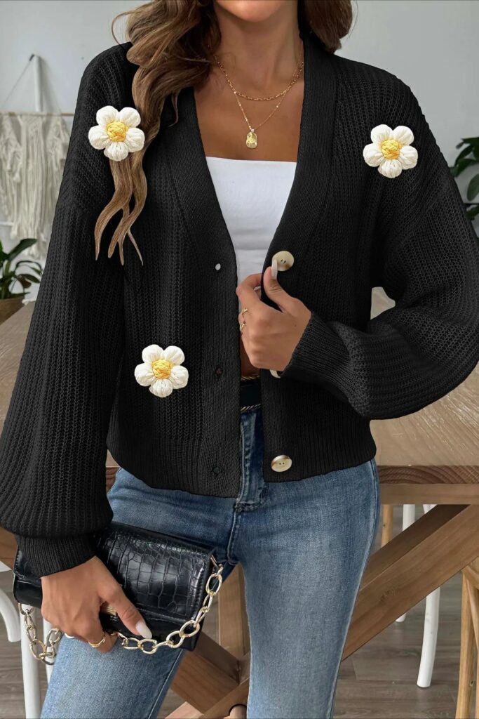 Short Floral Knit Long Sleeve Cardigan
